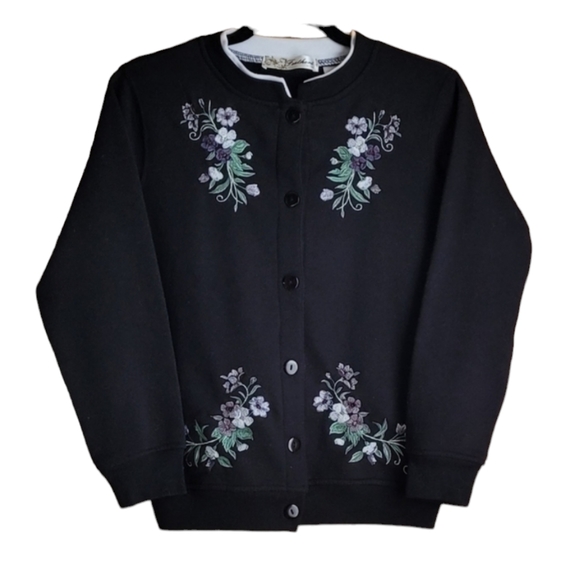 Feathers Petites Black Long Sleeve Button Front Jacket W/Floral Embroidery SP - Picture 1 of 5